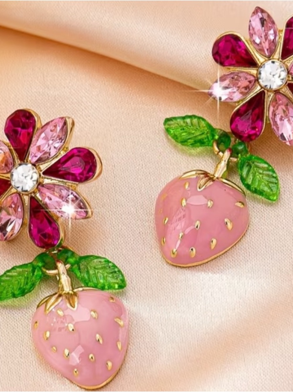 Pink & Green Strawberry Flower Drop Earrings Golden Plated NWT - Picture 3 of 5